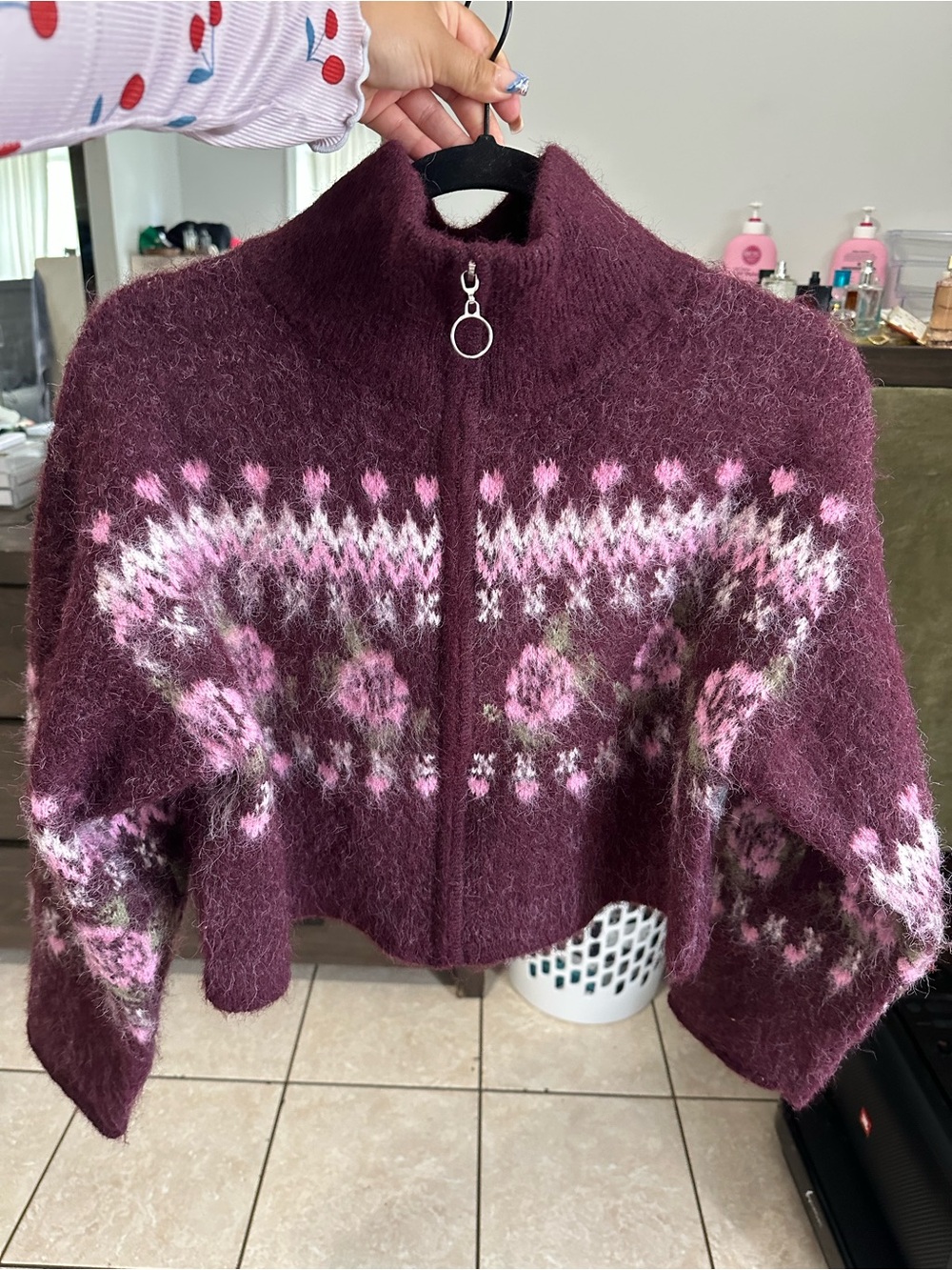 Burgundy floral wild fable cropped sweater.